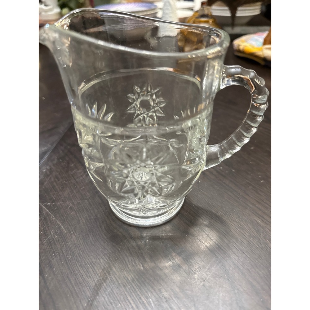 Vintage Clear Pressed Glass Pitcher Starburst Thumbprint Pattern Small 5.25in